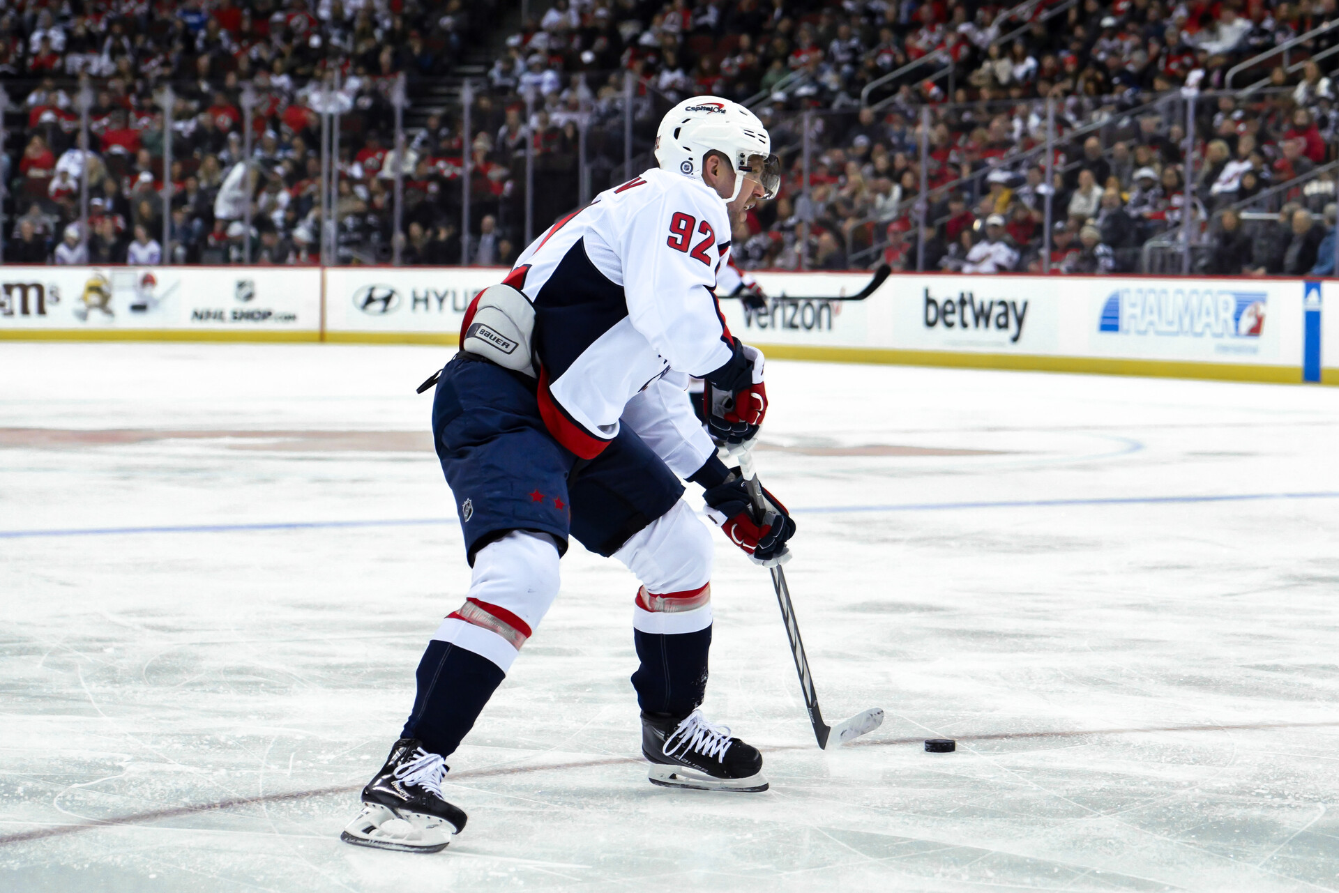 Nov 10, 2023; Newark, New Jersey, USA; Washington Capitals center Evgeny Kuznetsov (92) skates with the puck against the New Jersey Devils during the first period at Prudential Center.