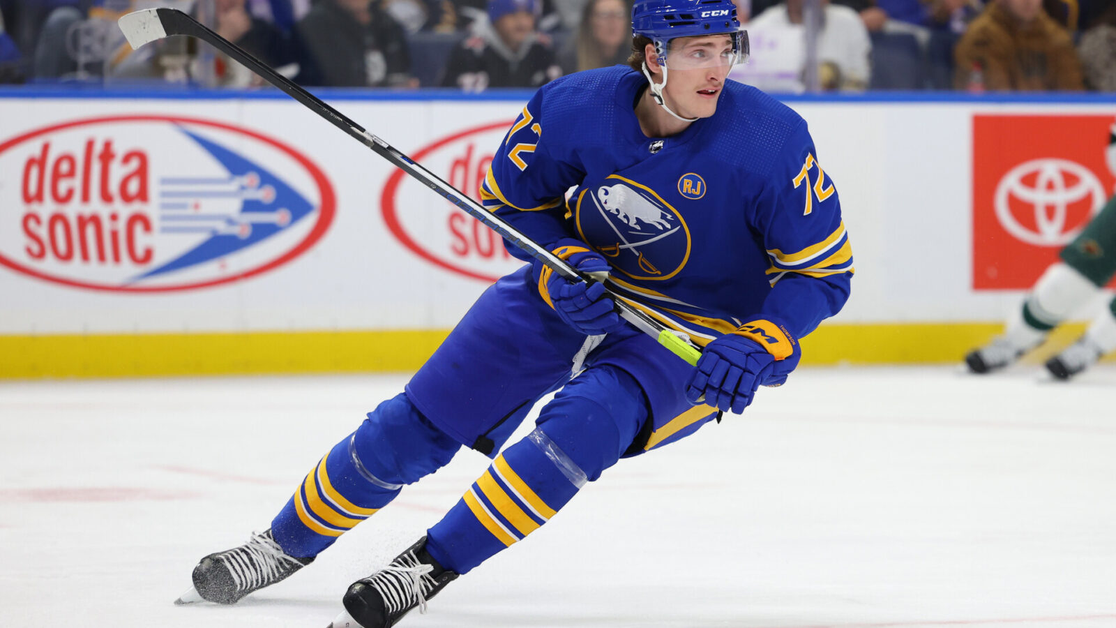 Nov 10, 2023; Buffalo, New York, USA; Buffalo Sabres right wing Tage Thompson (72) looks for the puck during the second period against the Minnesota Wild at KeyBank Center.