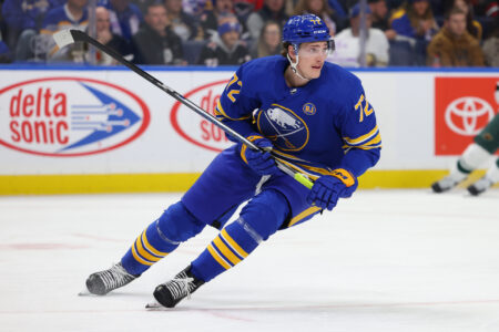 Nov 10, 2023; Buffalo, New York, USA; Buffalo Sabres right wing Tage Thompson (72) looks for the puck during the second period against the Minnesota Wild at KeyBank Center.