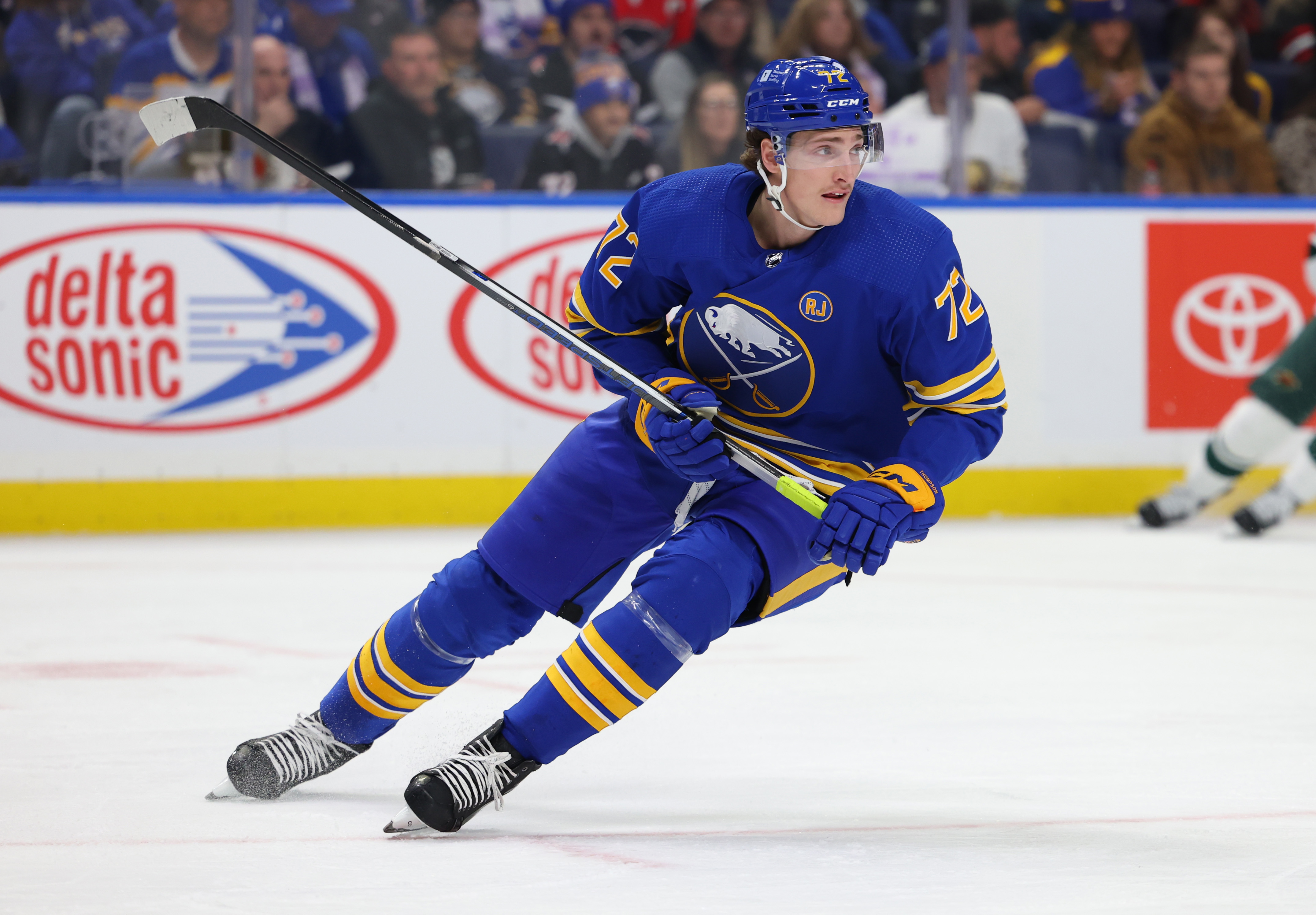 Nov 10, 2023; Buffalo, New York, USA; Buffalo Sabres right wing Tage Thompson (72) looks for the puck during the second period against the Minnesota Wild at KeyBank Center.