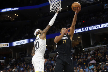 Nov 10, 2023; Memphis, Tennessee, USA; Memphis Grizzlies guard Desmond Bane (22) drives to the basket as Utah Jazz guard Jordan Clarkson (0) defends during the first half at FedExForum.