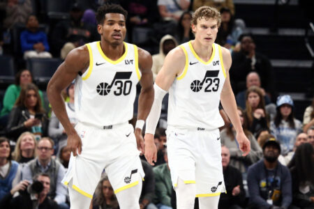 Nov 10, 2023; Memphis, Tennessee, USA; Utah Jazz guard Ochai Agbaji (30) and Utah Jazz forward Lauri Markkanen (23) get back on defense during the second half against the Memphis Grizzlies at FedExForum