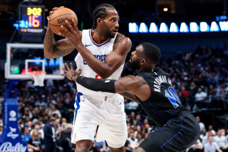Nov 10, 2023; Dallas, Texas, USA; LA Clippers forward Kawhi Leonard (2) looks to pass as Dallas Mavericks forward Tim Hardaway Jr. (10) defends during the second half at American Airlines Center.