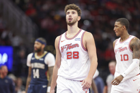 Nov 10, 2023; Houston, Texas, USA; Houston Rockets center Alperen Sengun (28) reacts after a play during the third quarter against the New Orleans Pelicans at Toyota Center.