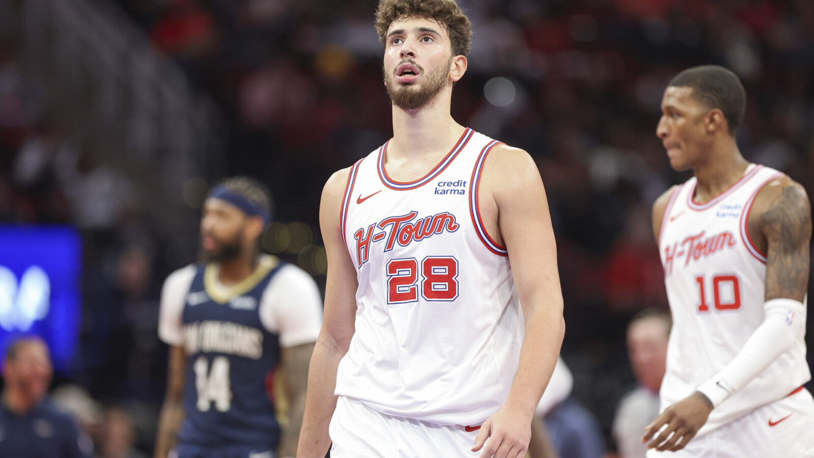 Houston Rockets center Alperen Sengun (28) reacts after a play during the third quarter against the New Orleans Pelicans at Toyota Center.