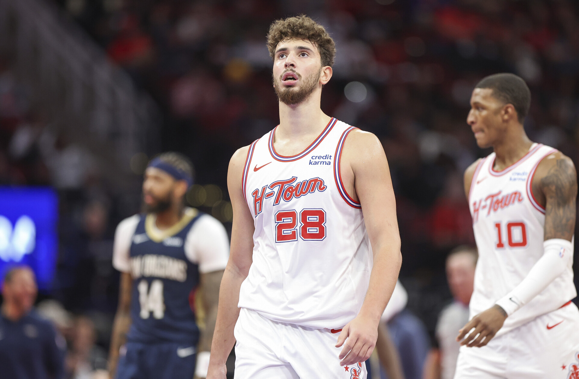 Houston Rockets center Alperen Sengun (28) reacts after a play during the third quarter against the New Orleans Pelicans at Toyota Center.