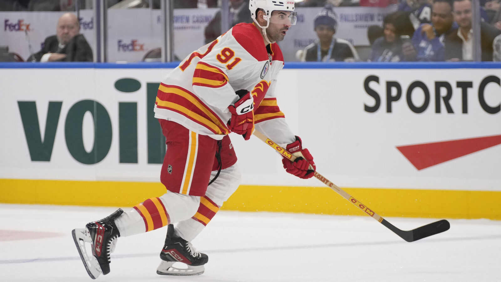 Nov 10, 2023; Toronto, Ontario, CAN; Calgary Flames forward Nazem Kadri (91) skates against the Toronto Maple Leafs during the second period at Scotiabank Arena.