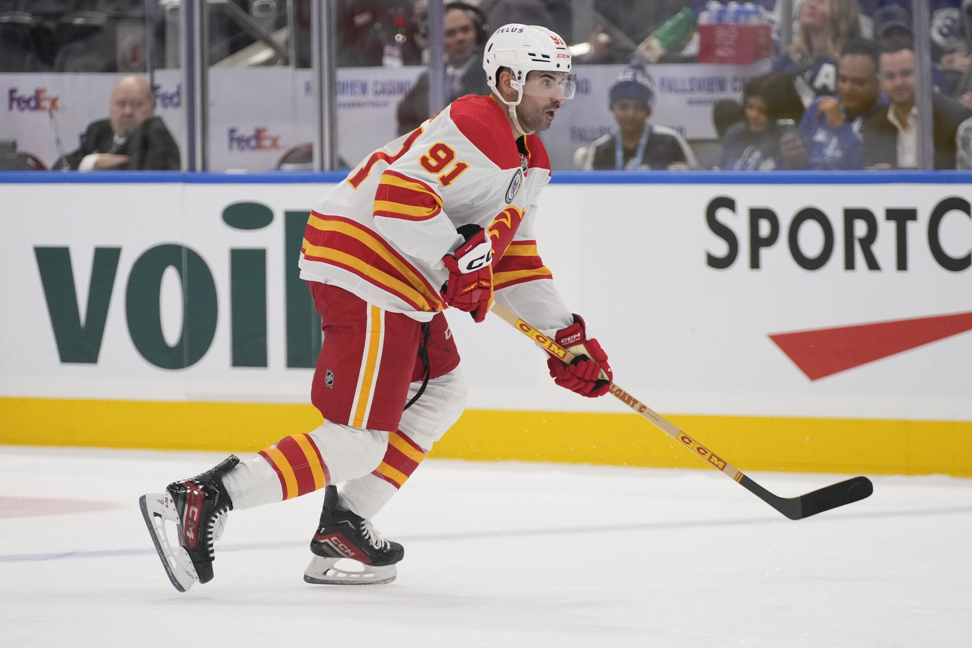 Nov 10, 2023; Toronto, Ontario, CAN; Calgary Flames forward Nazem Kadri (91) skates against the Toronto Maple Leafs during the second period at Scotiabank Arena.