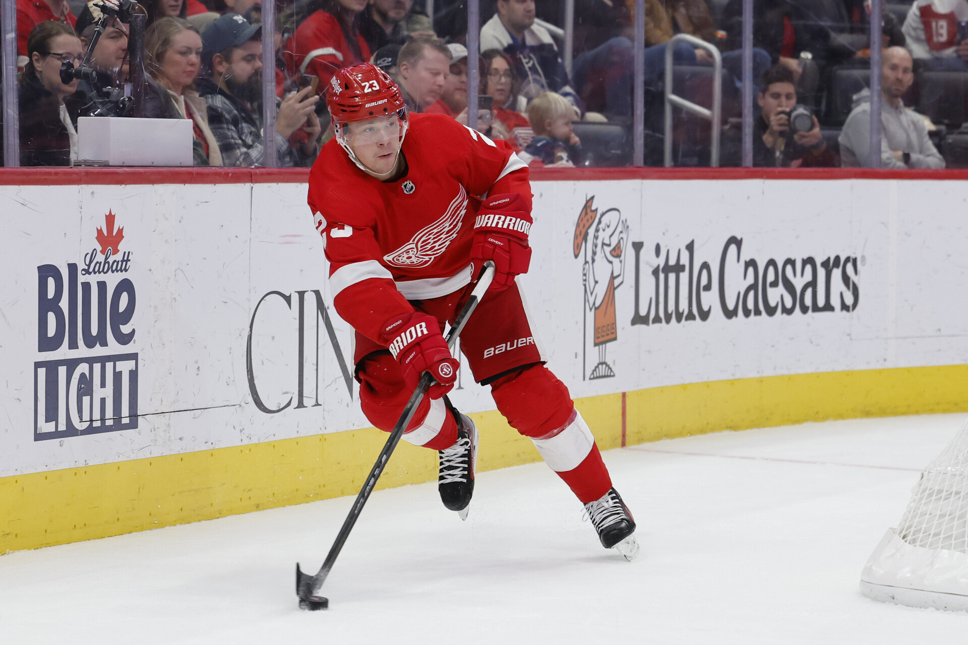 Nov 11, 2023; Detroit, Michigan, USA; Detroit Red Wings left wing Lucas Raymond (23) skates with the puck against the Columbus Blue Jackets in the second period at Little Caesars Arena.