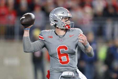Ohio State Buckeyes quarterback Kyle McCord (6) drops back to throw during the first quarter against the Michigan State Spartans at Ohio Stadium.