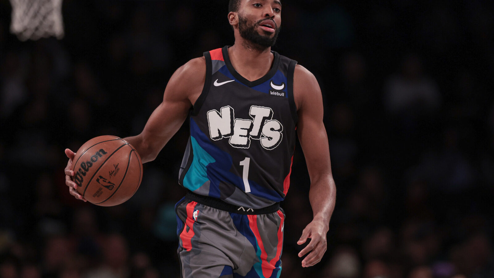 Nov 12, 2023; Brooklyn, New York, USA; Brooklyn Nets forward Mikal Bridges (1) dribbles up court during the first quarter against the Washington Wizards at Barclays Center.