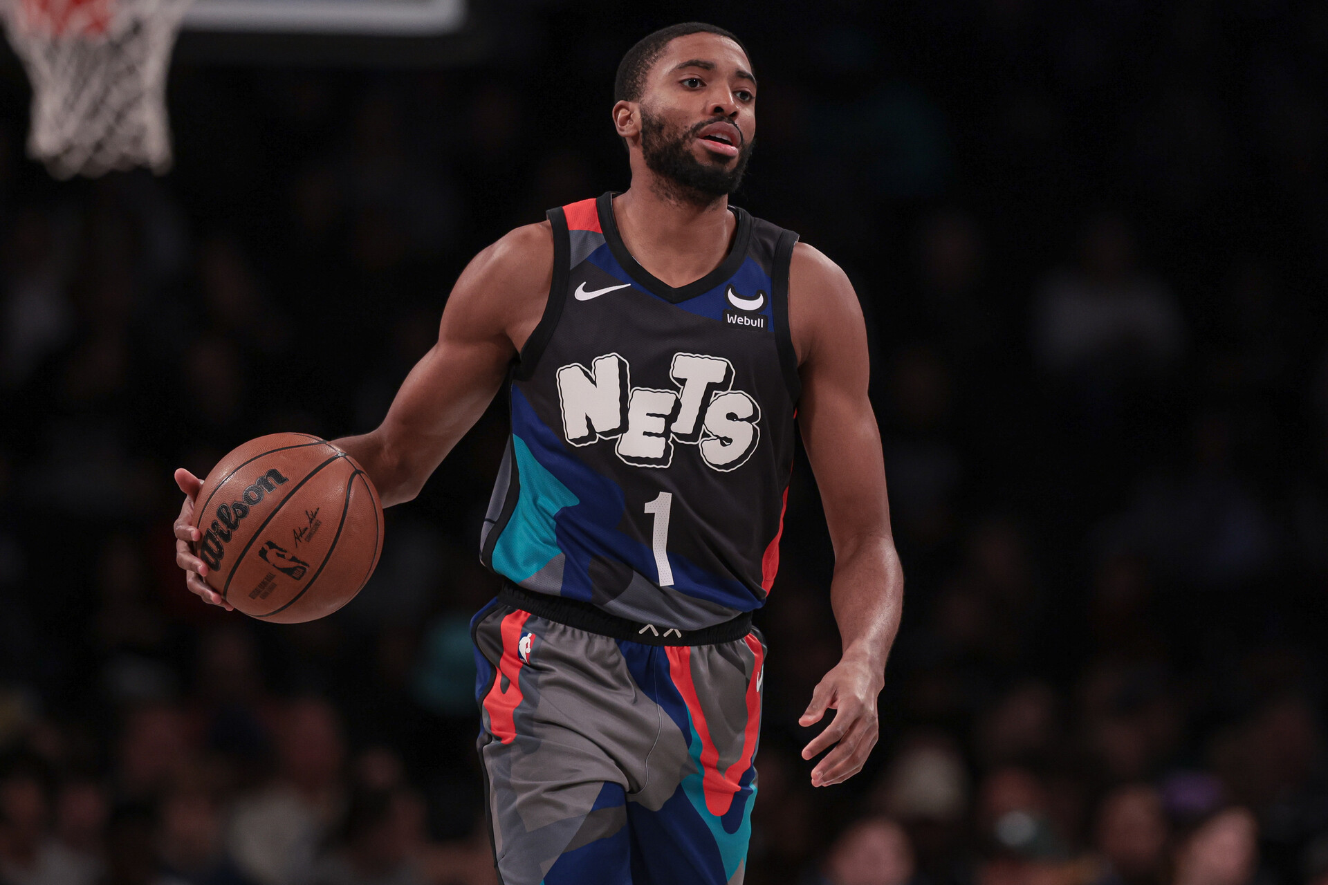 Nov 12, 2023; Brooklyn, New York, USA; Brooklyn Nets forward Mikal Bridges (1) dribbles up court during the first quarter against the Washington Wizards at Barclays Center.