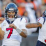 Houston Texans quarterback C.J. Stroud (7) reacts after scoring a touchdown with wide receiver Tank Dell (3) in the second half against the Cincinnati Bengals at Paycor Stadium.