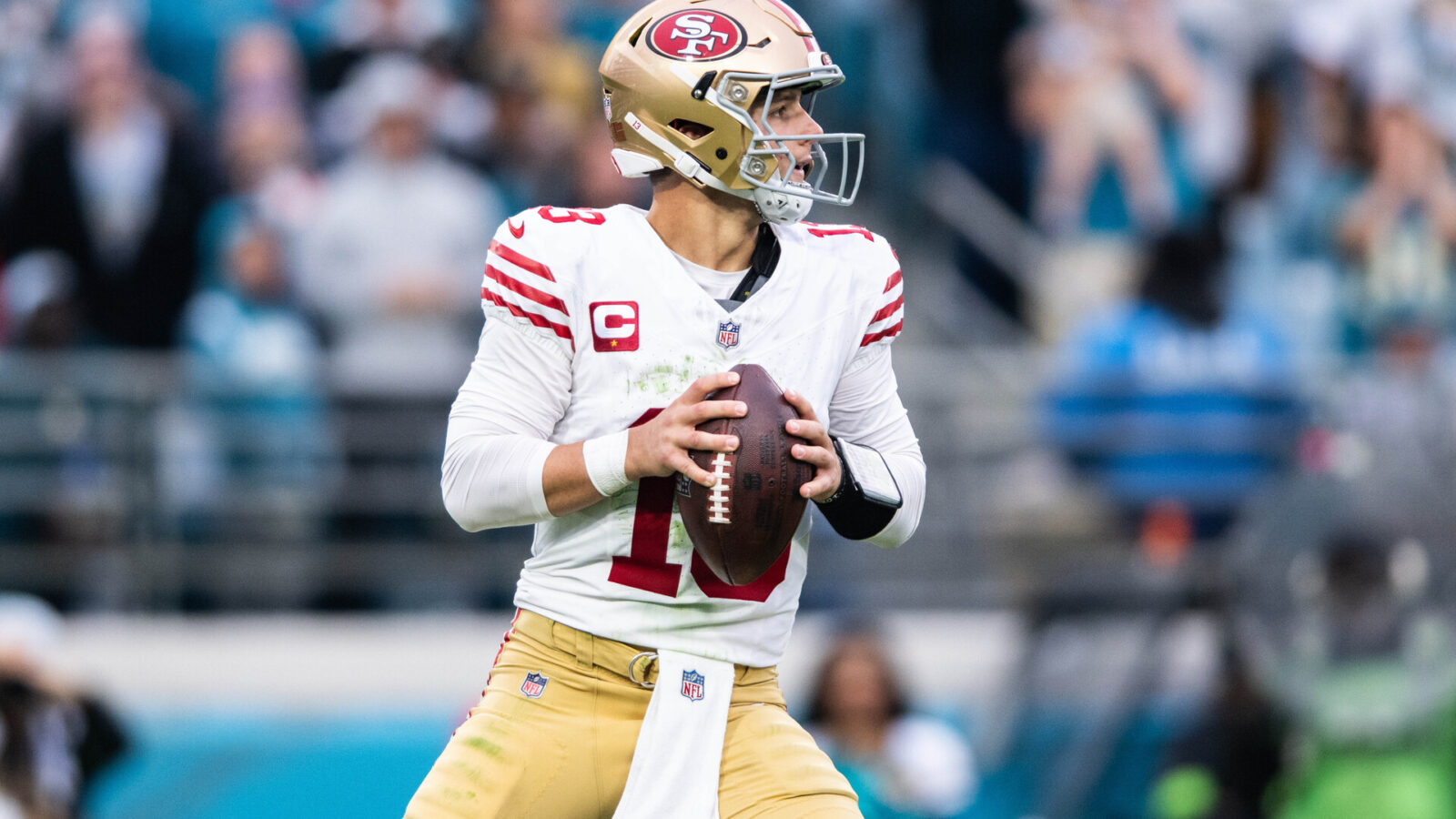 Nov 12, 2023; Jacksonville, Florida, USA; San Fransisco 49ers quarterback Brock Purdy (13) getting ready to throw the ball against the Jacksonville Jaguars in the third quarter at EverBank Stadium.