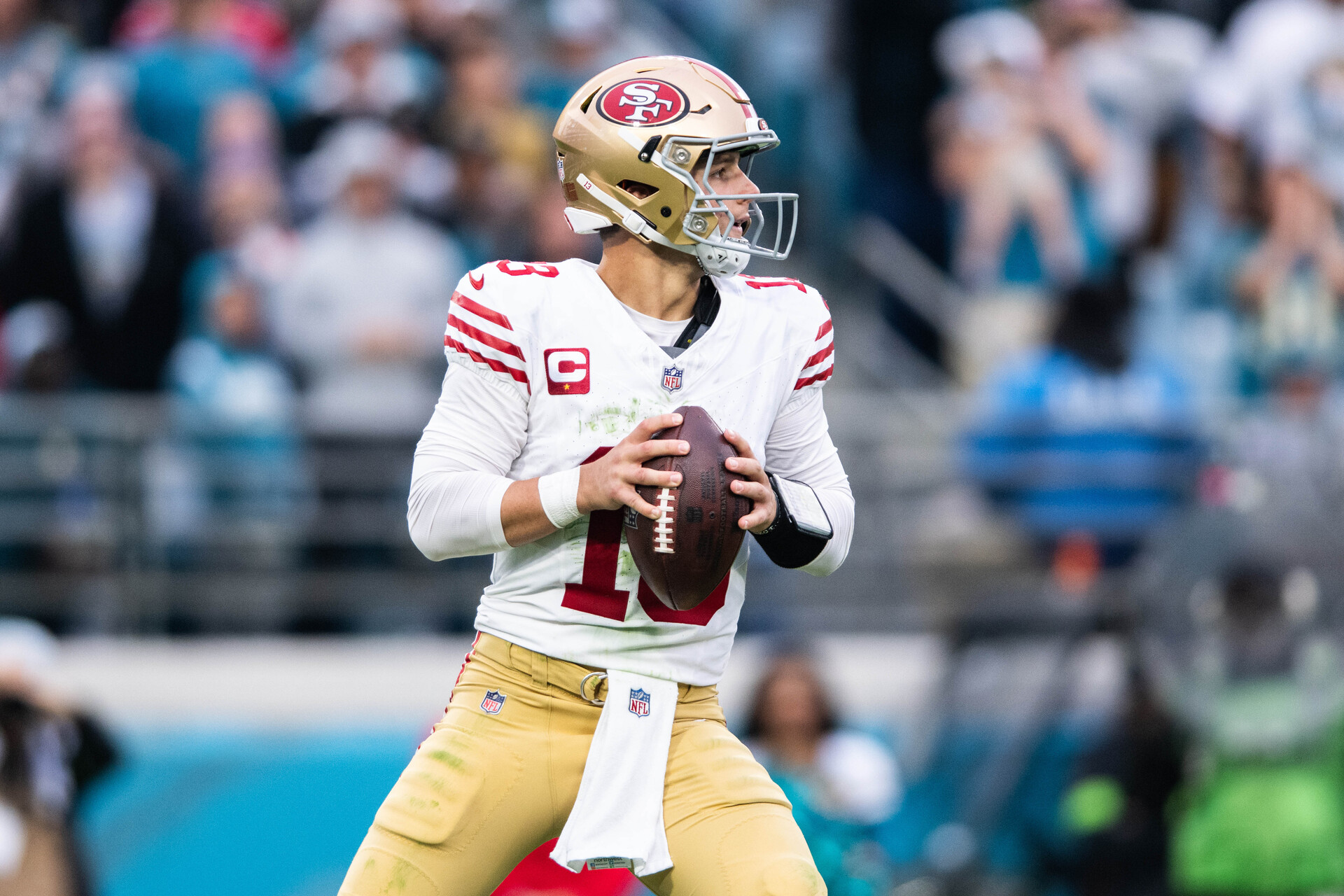 Nov 12, 2023; Jacksonville, Florida, USA; San Fransisco 49ers quarterback Brock Purdy (13) getting ready to throw the ball against the Jacksonville Jaguars in the third quarter at EverBank Stadium.