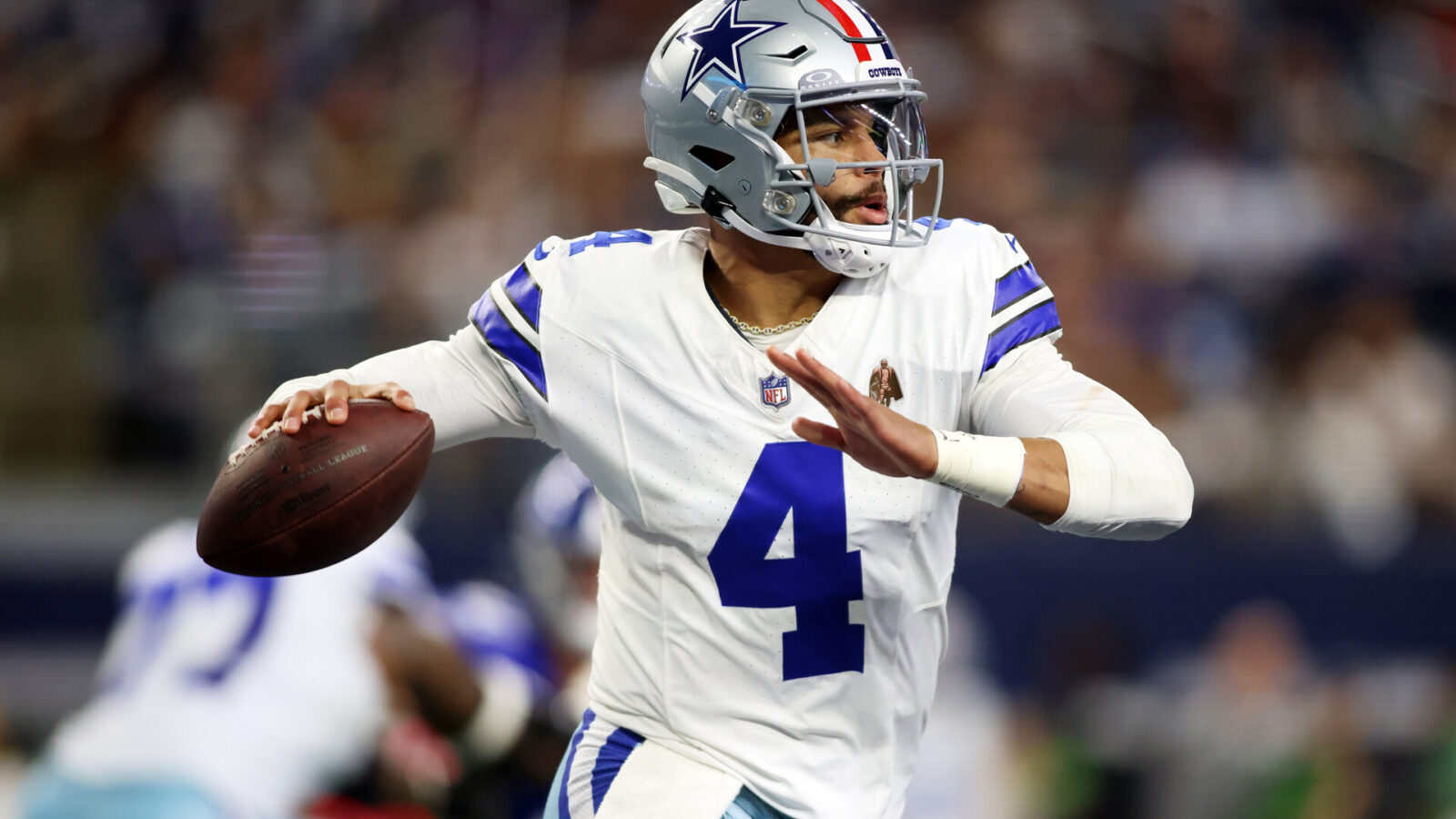 Nov 12, 2023; Arlington, Texas, USA; Dallas Cowboys quarterback Dak Prescott (4) throws a pass in the second quarter against the New York Giants at AT&T Stadium.