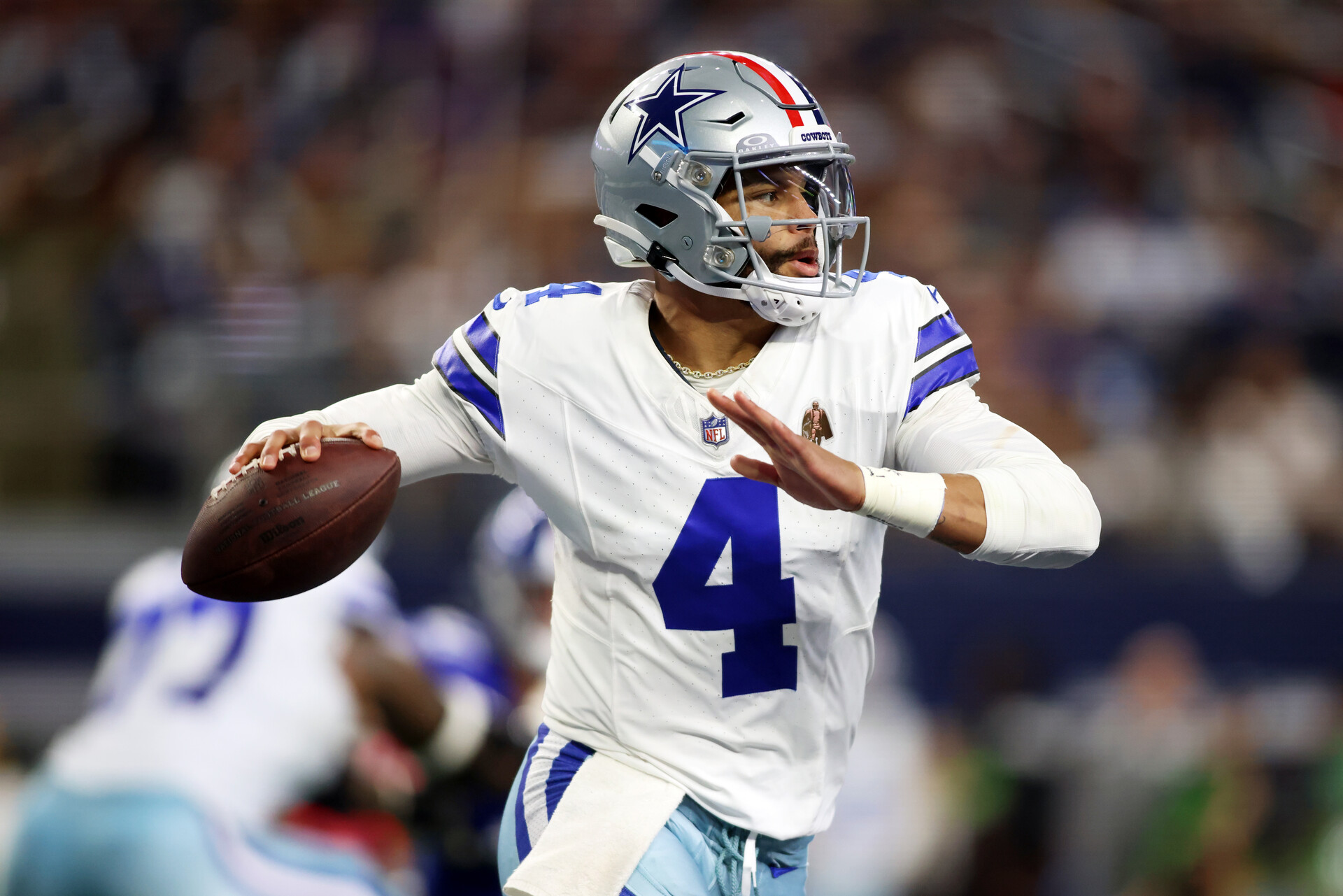Nov 12, 2023; Arlington, Texas, USA; Dallas Cowboys quarterback Dak Prescott (4) throws a pass in the second quarter against the New York Giants at AT&T Stadium.