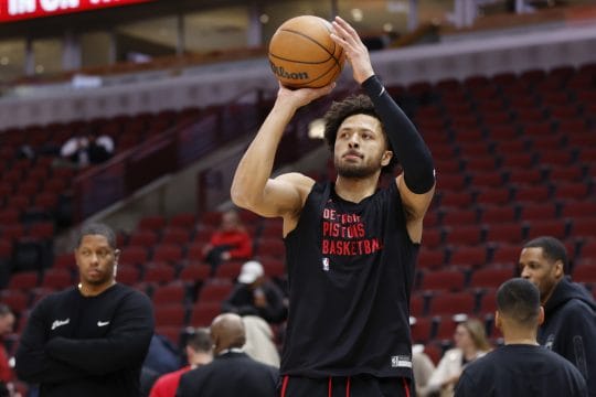 Nov 12, 2023; Chicago, Illinois, USA; Detroit Pistons guard Cade Cunningham (2) warms up before a basketball game against the Chicago Bulls at United Center.