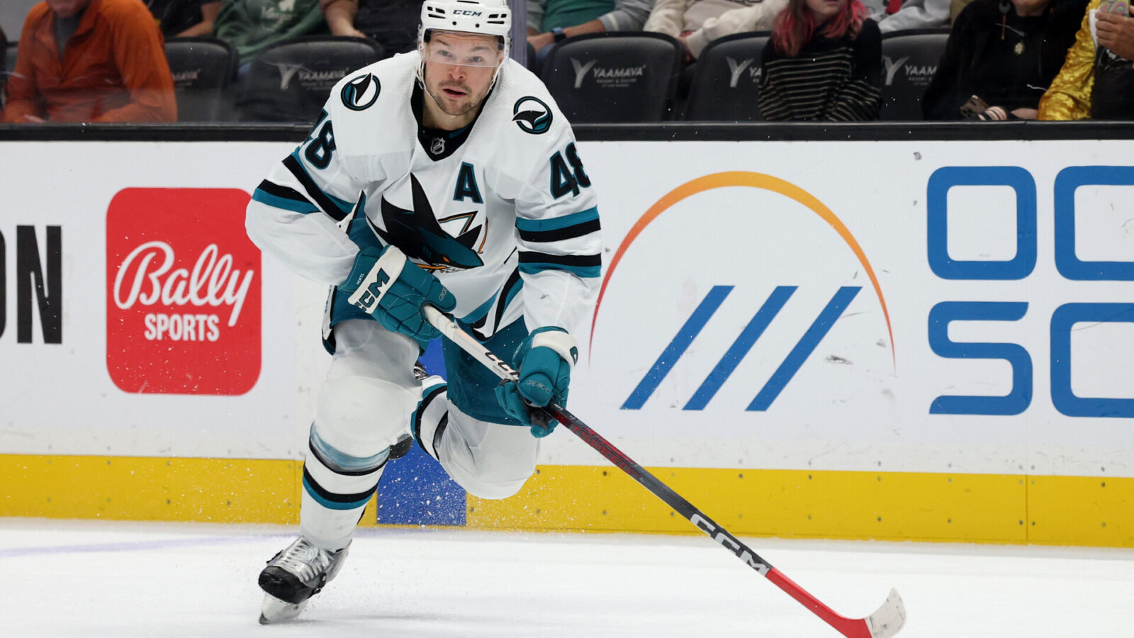 Nov 12, 2023; Anaheim, California, USA; San Jose Sharks center Tomas Hertl (48) skates with the puck during the first period against the Anaheim Ducks at Honda Center.