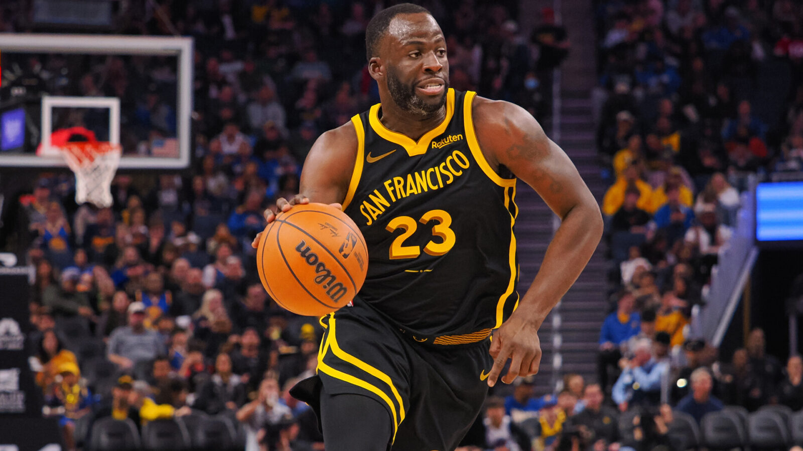 Nov 12, 2023; San Francisco, California, USA; Golden State Warriors forward Draymond Green (23) controls the ball against the Minnesota Timberwolves during the third quarter at Chase Center.