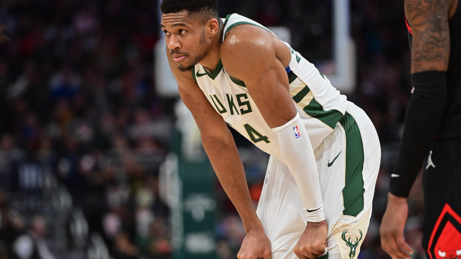 Nov 13, 2023; Milwaukee, Wisconsin, USA; Milwaukee Bucks forward Giannis Antetokounmpo (34) looks on during a timeout in the third quarter against the Chicago Bulls at Fiserv Forum.