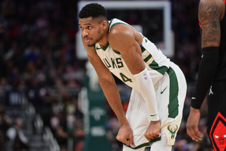 Nov 13, 2023; Milwaukee, Wisconsin, USA; Milwaukee Bucks forward Giannis Antetokounmpo (34) looks on during a timeout in the third quarter against the Chicago Bulls at Fiserv Forum.