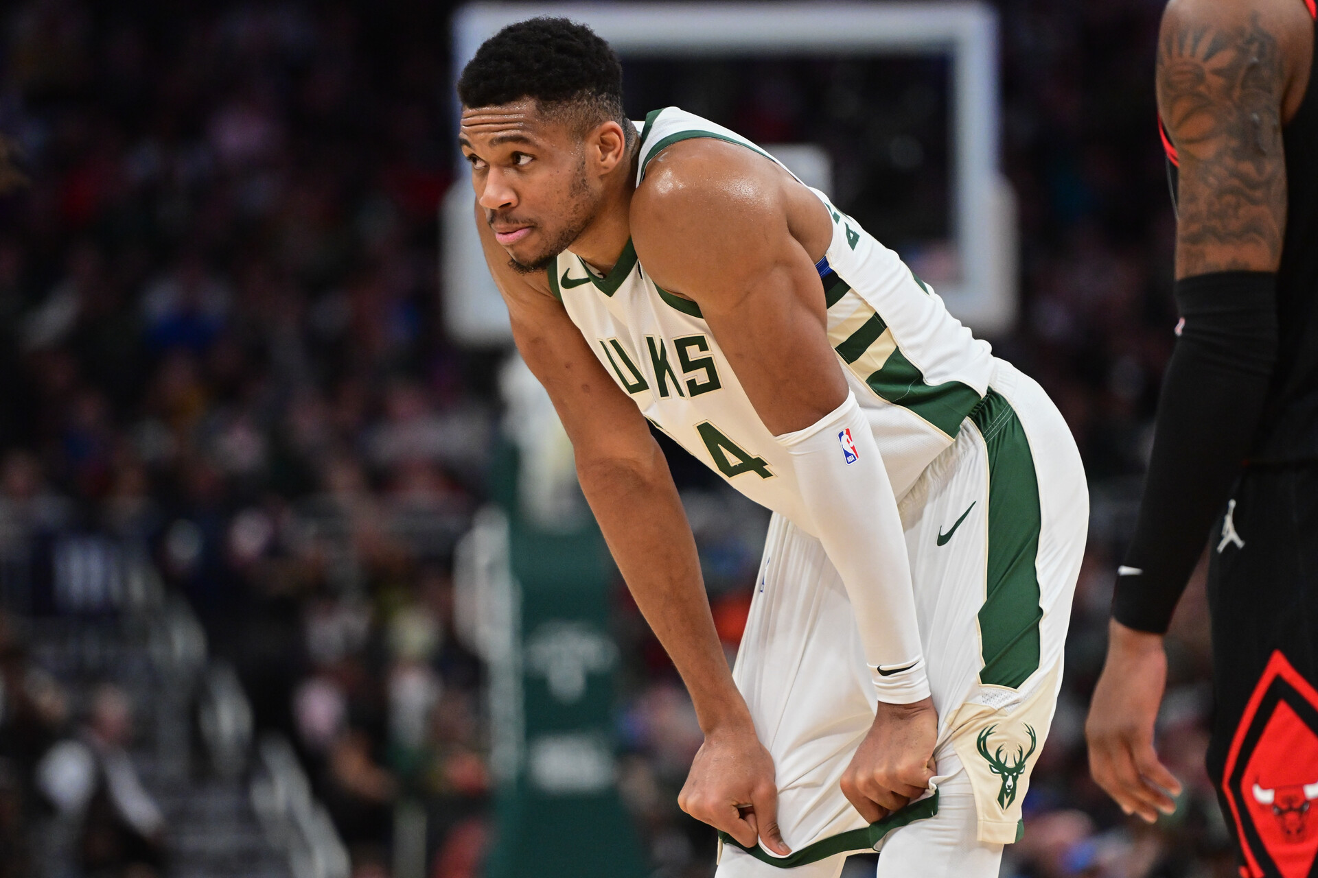 Nov 13, 2023; Milwaukee, Wisconsin, USA; Milwaukee Bucks forward Giannis Antetokounmpo (34) looks on during a timeout in the third quarter against the Chicago Bulls at Fiserv Forum.