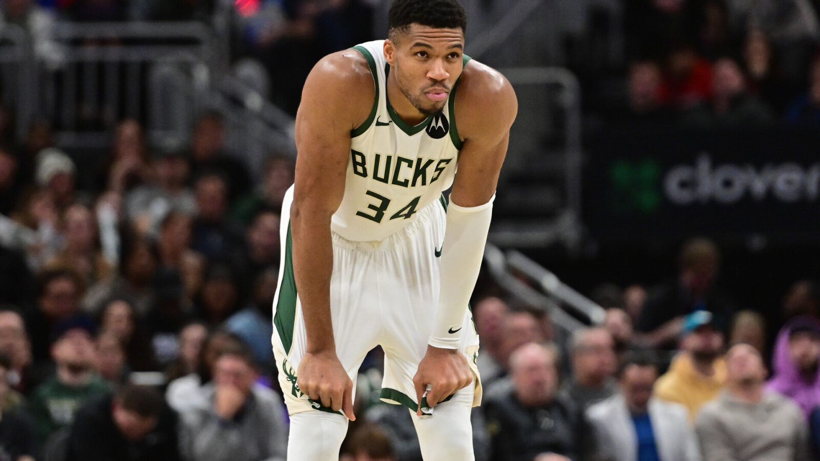 Nov 13, 2023; Milwaukee, Wisconsin, USA; Milwaukee Bucks forward Giannis Antetokounmpo (34) looks on during a timeout in the fourth quarter against the Chicago Bulls at Fiserv Forum.