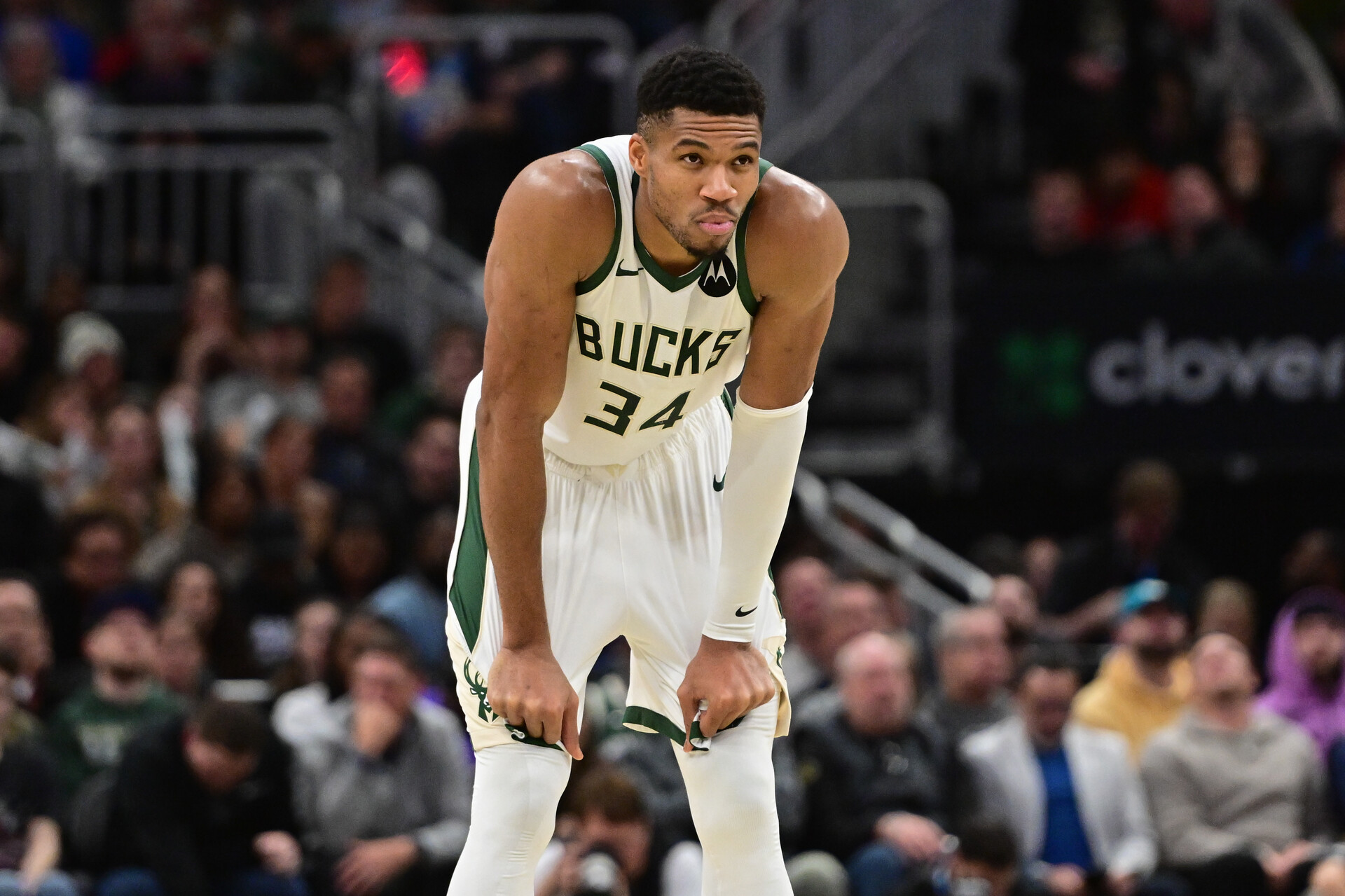 Nov 13, 2023; Milwaukee, Wisconsin, USA; Milwaukee Bucks forward Giannis Antetokounmpo (34) looks on during a timeout in the fourth quarter against the Chicago Bulls at Fiserv Forum.