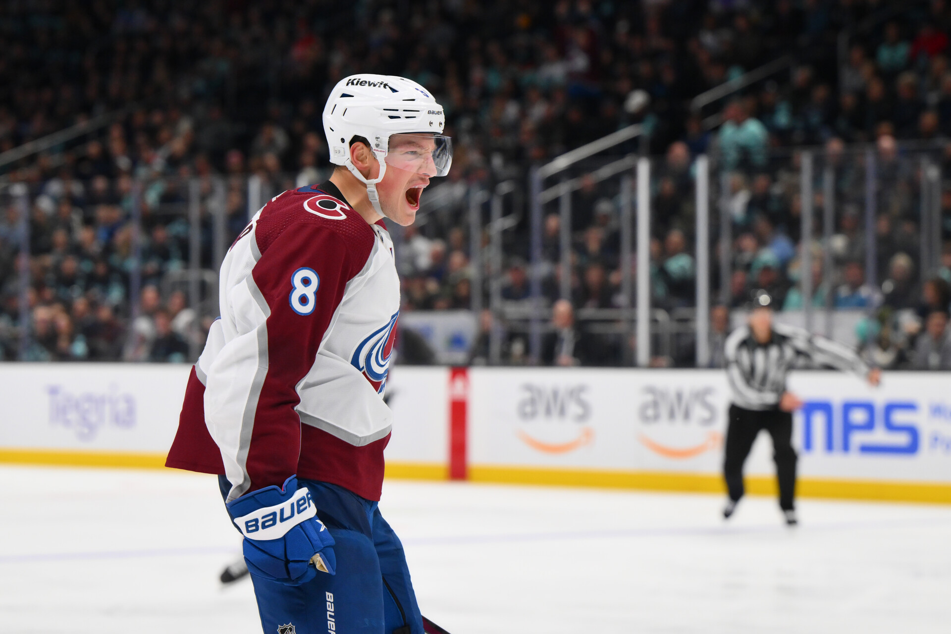 Nov 13, 2023; Seattle, Washington, USA; Colorado Avalanche defenseman Cale Makar (8) reacts to scoring a goal against the Seattle Kraken during the third period at Climate Pledge Arena.