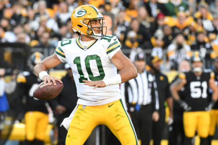 Nov 12, 2023; Pittsburgh, Pennsylvania, USA; Green Bay Packers quarterback Jordan Love (10) throws against the Pittsburgh Steelers during the third quarter at Acrisure Stadium.