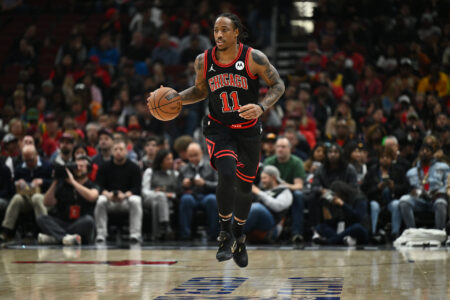 Nov 8, 2023; Chicago, Illinois, USA; Chicago Bulls guard DeMar DeRozan (11) controls the ball against the Phoenix Suns at United Center.