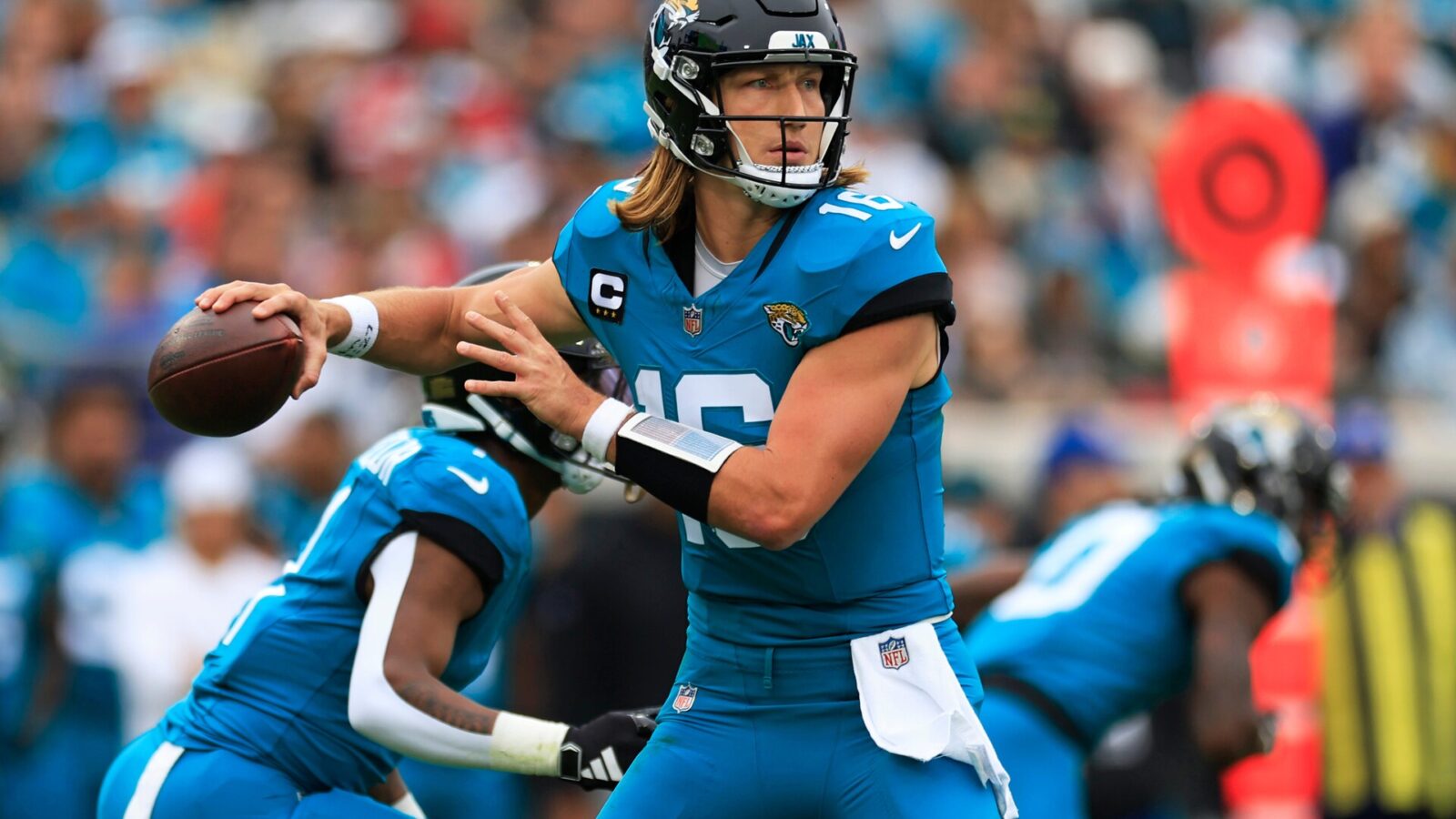 Jacksonville Jaguars quarterback Trevor Lawrence (16) looks to pass during the first quarter of an NFL football game Sunday, Nov. 12, 2023 at EverBank Stadium in Jacksonville, Fla. The San Francisco 49ers defeated the Jacksonville Jaguars 34-3.