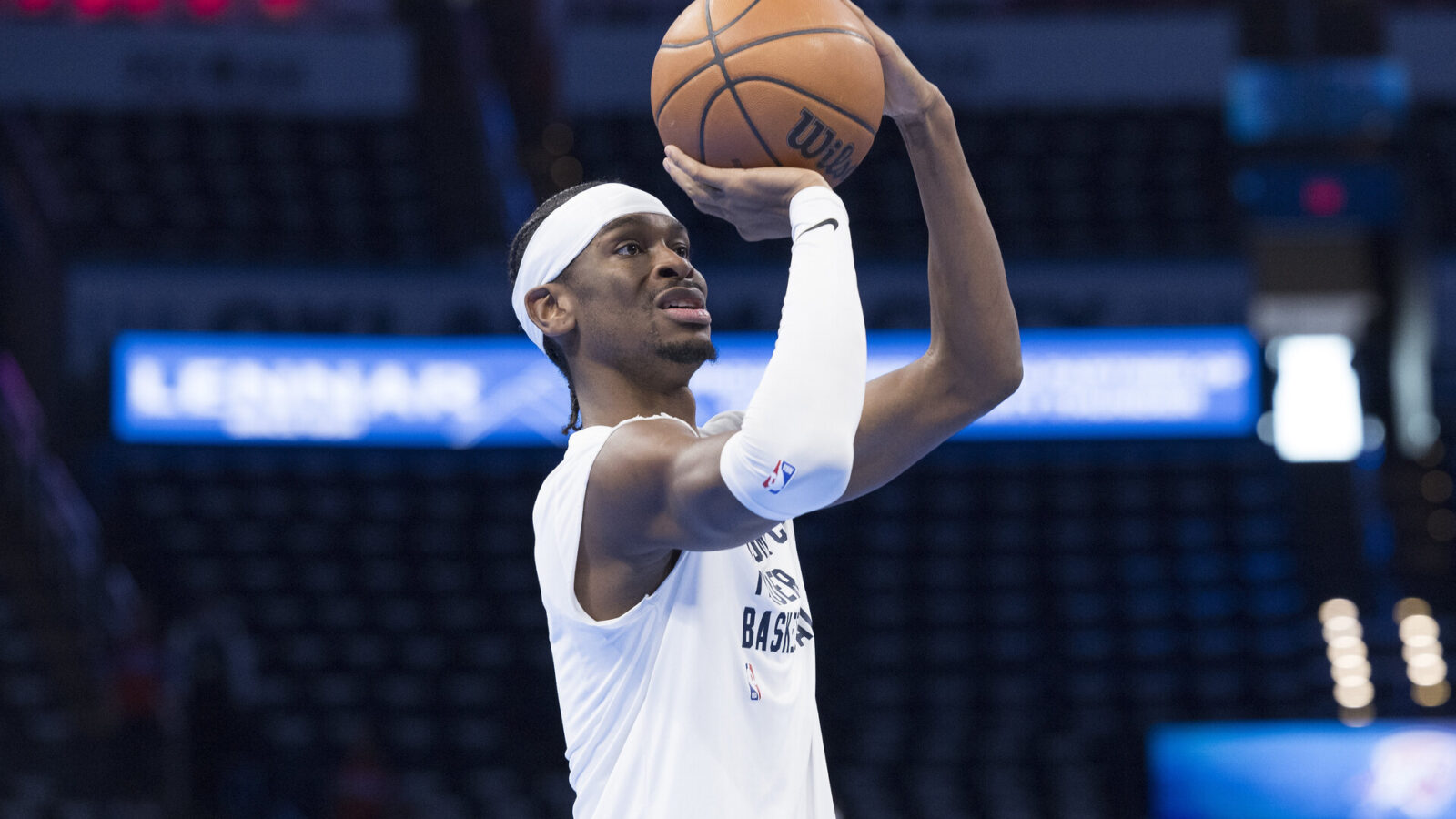Nov 14, 2023; Oklahoma City, Oklahoma, USA; Oklahoma City Thunder guard Shai Gilgeous-Alexander (2) warms up before a game against the San Antonio Spurs at Paycom Center.