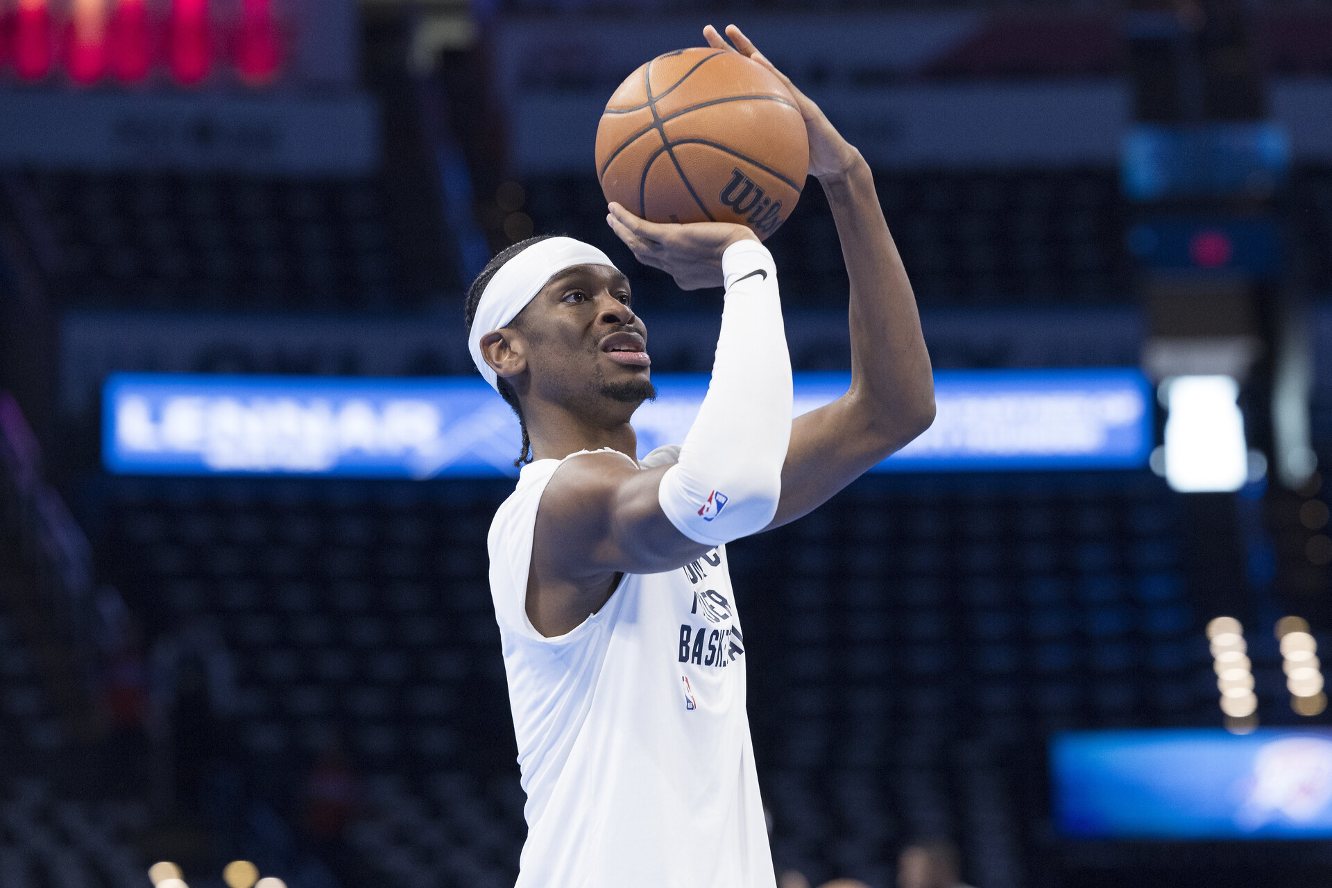 Nov 14, 2023; Oklahoma City, Oklahoma, USA; Oklahoma City Thunder guard Shai Gilgeous-Alexander (2) warms up before a game against the San Antonio Spurs at Paycom Center.