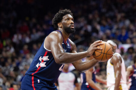 Nov 14, 2023; Philadelphia, Pennsylvania, USA; Philadelphia 76ers center Joel Embiid (21) shoots a technical foul shot against the Indiana Pacers during the second quarter at Wells Fargo Center.