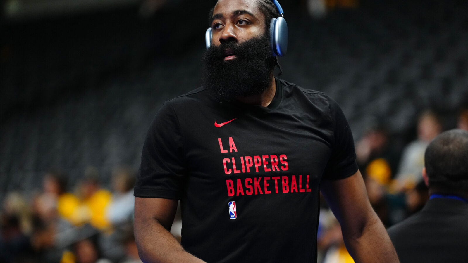 Nov 14, 2023; Denver, Colorado, USA; LA Clippers guard James Harden (1) on the court before the game against the Denver Nuggets at Ball Arena.