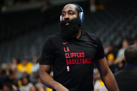 Nov 14, 2023; Denver, Colorado, USA; LA Clippers guard James Harden (1) on the court before the game against the Denver Nuggets at Ball Arena.