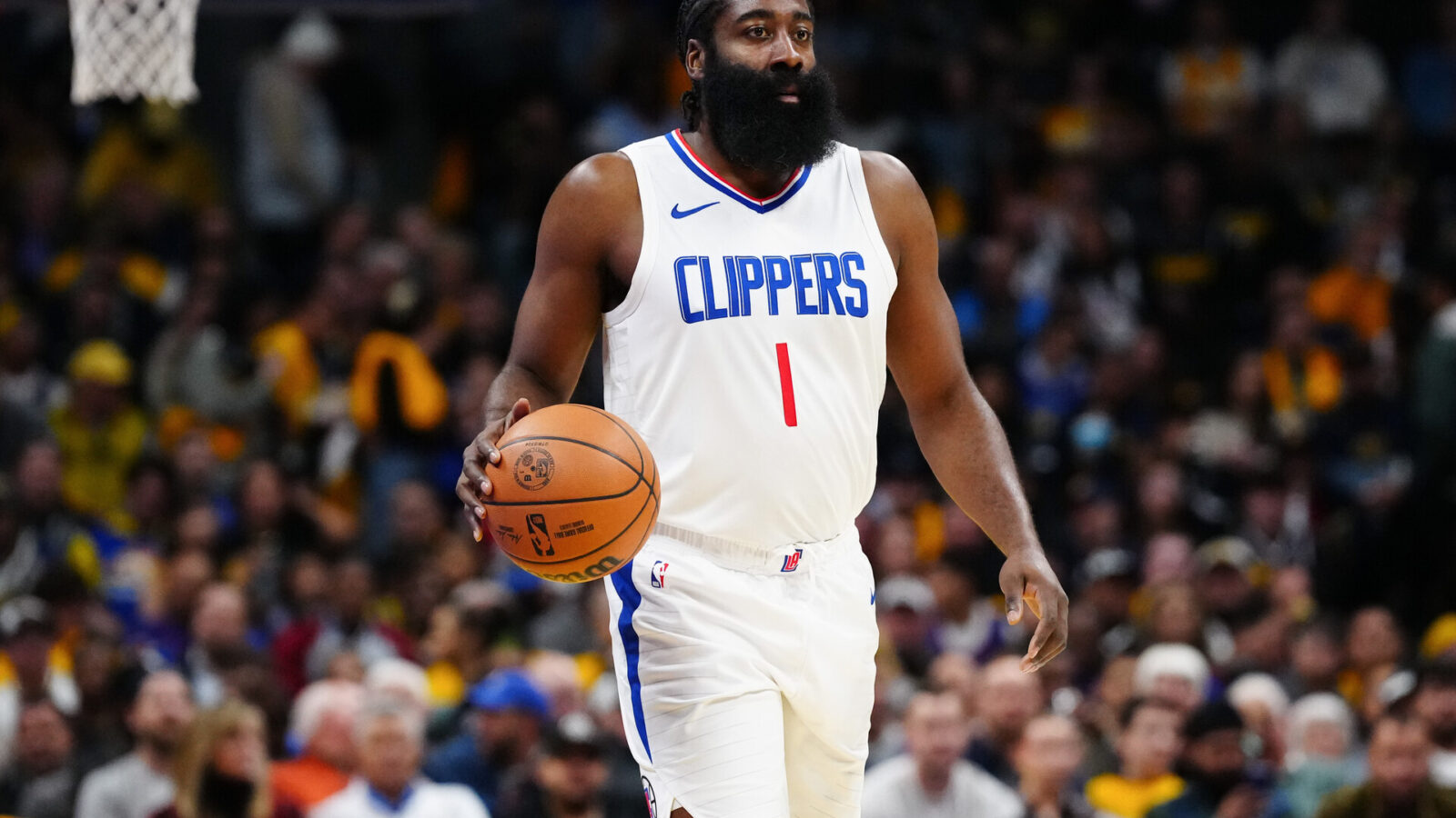 Nov 14, 2023; Denver, Colorado, USA; LA Clippers guard James Harden (1) during the first quarter against the Denver Nuggets at Ball Arena.