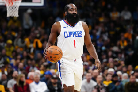 Nov 14, 2023; Denver, Colorado, USA; LA Clippers guard James Harden (1) during the first quarter against the Denver Nuggets at Ball Arena.