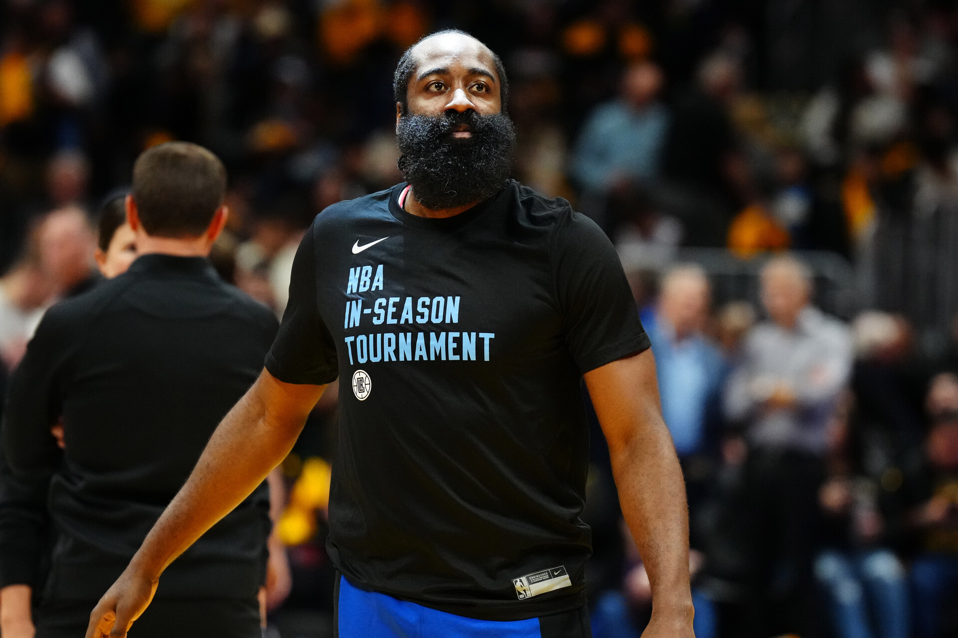 Nov 14, 2023; Denver, Colorado, USA; LA Clippers guard James Harden (1) before the game against the Denver Nuggets at Ball Arena.