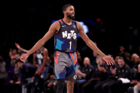 Nov 14, 2023; Brooklyn, New York, USA; Brooklyn Nets forward Mikal Bridges (1) celebrates his three point shot against the Orlando Magic during the fourth quarter at Barclays Center.