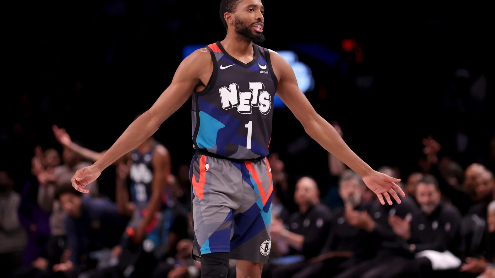 Brooklyn Nets forward Mikal Bridges (1) celebrates his three point shot against the Orlando Magic during the fourth quarter at Barclays Center.