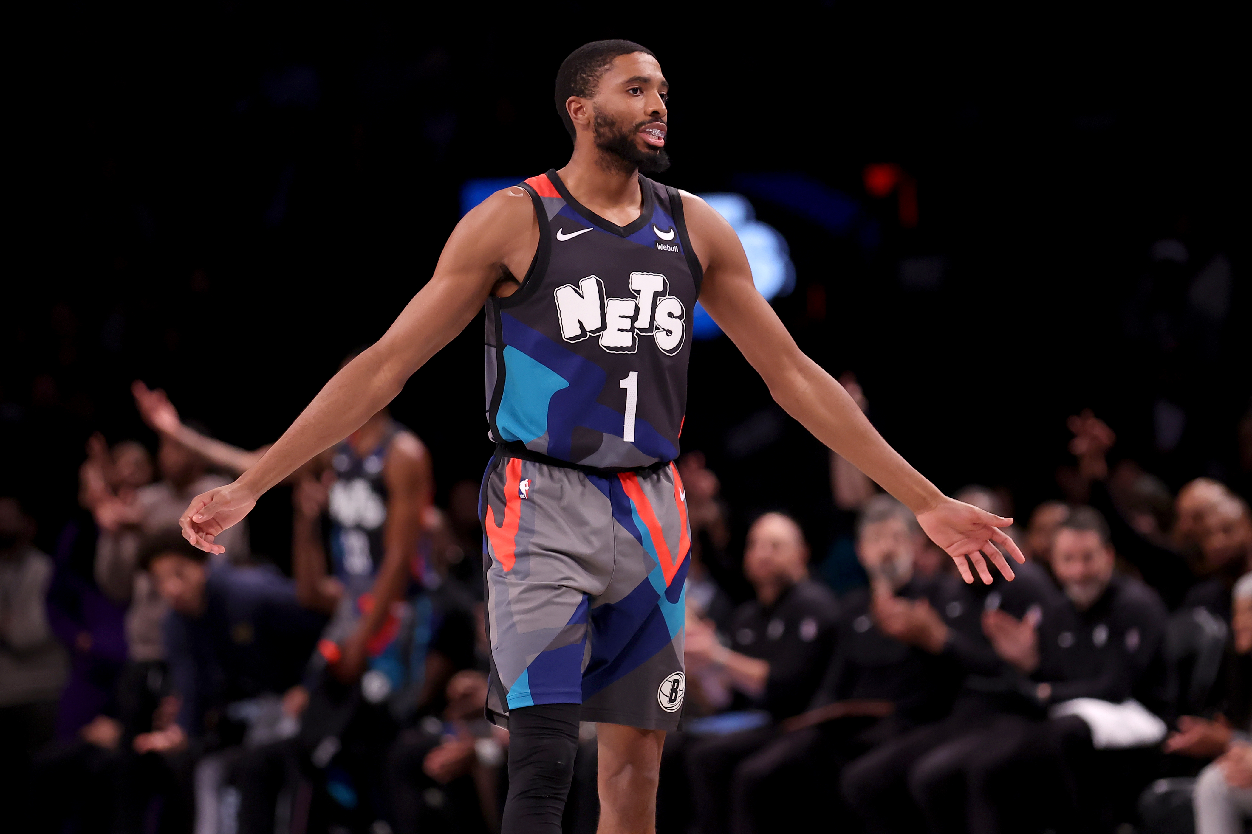 Brooklyn Nets forward Mikal Bridges (1) celebrates his three point shot against the Orlando Magic during the fourth quarter at Barclays Center.