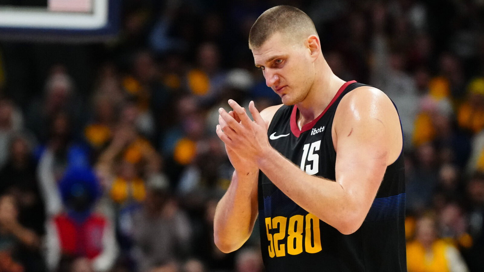 Nov 14, 2023; Denver, Colorado, USA; Denver Nuggets center Nikola Jokic (15) reacts in the fourth quarter against the