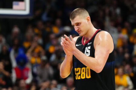 Nov 14, 2023; Denver, Colorado, USA; Denver Nuggets center Nikola Jokic (15) reacts in the fourth quarter against the