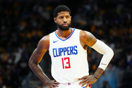 Nov 14, 2023; Denver, Colorado, USA; LA Clippers forward Paul George (13) reacts during in the second half against the Denver Nuggets at Ball Arena.