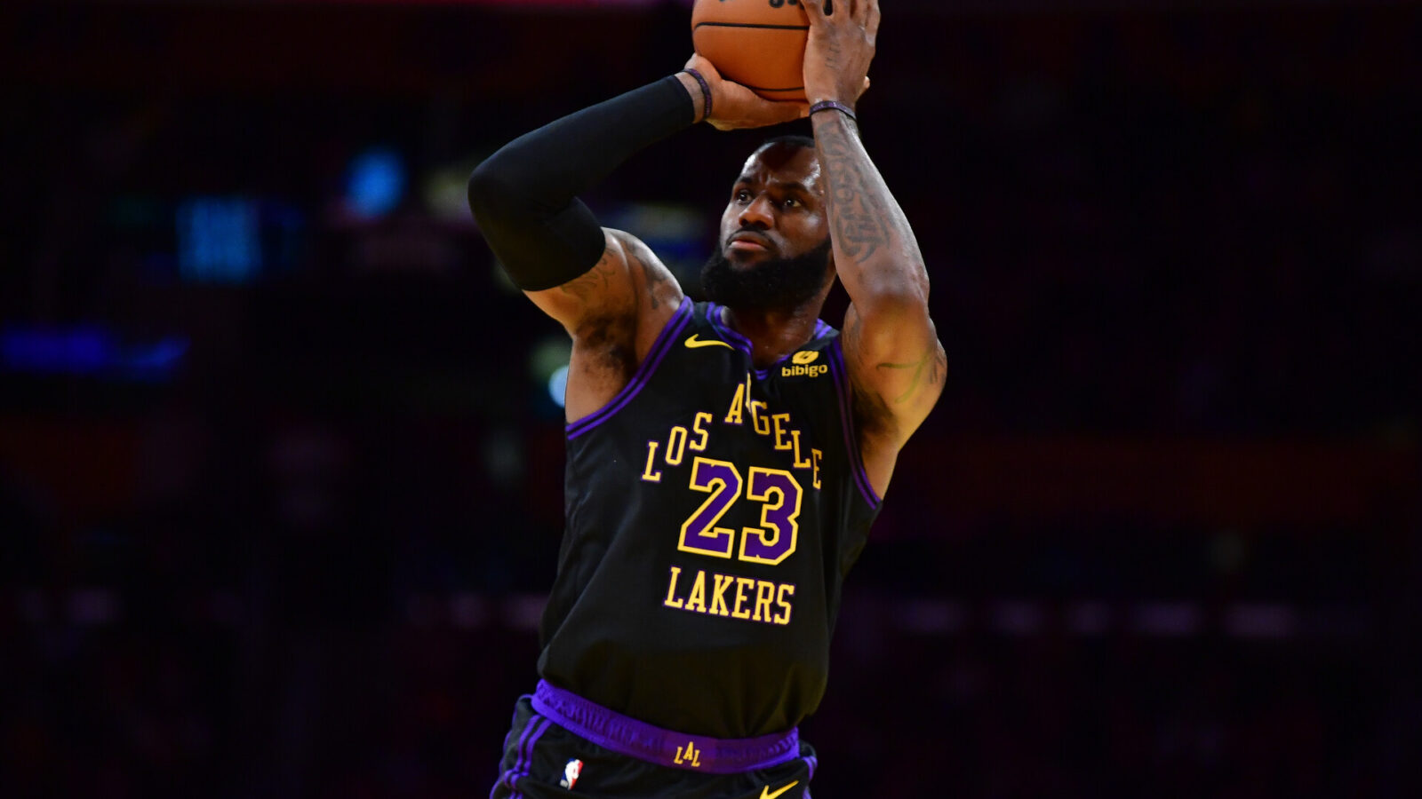 Nov 14, 2023; Los Angeles, California, USA; Los Angeles Lakers forward LeBron James (23) shoots against the Memphis Grizzlies during the first half at Crypto.com Arena.