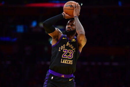 Nov 14, 2023; Los Angeles, California, USA; Los Angeles Lakers forward LeBron James (23) shoots against the Memphis Grizzlies during the first half at Crypto.com Arena.