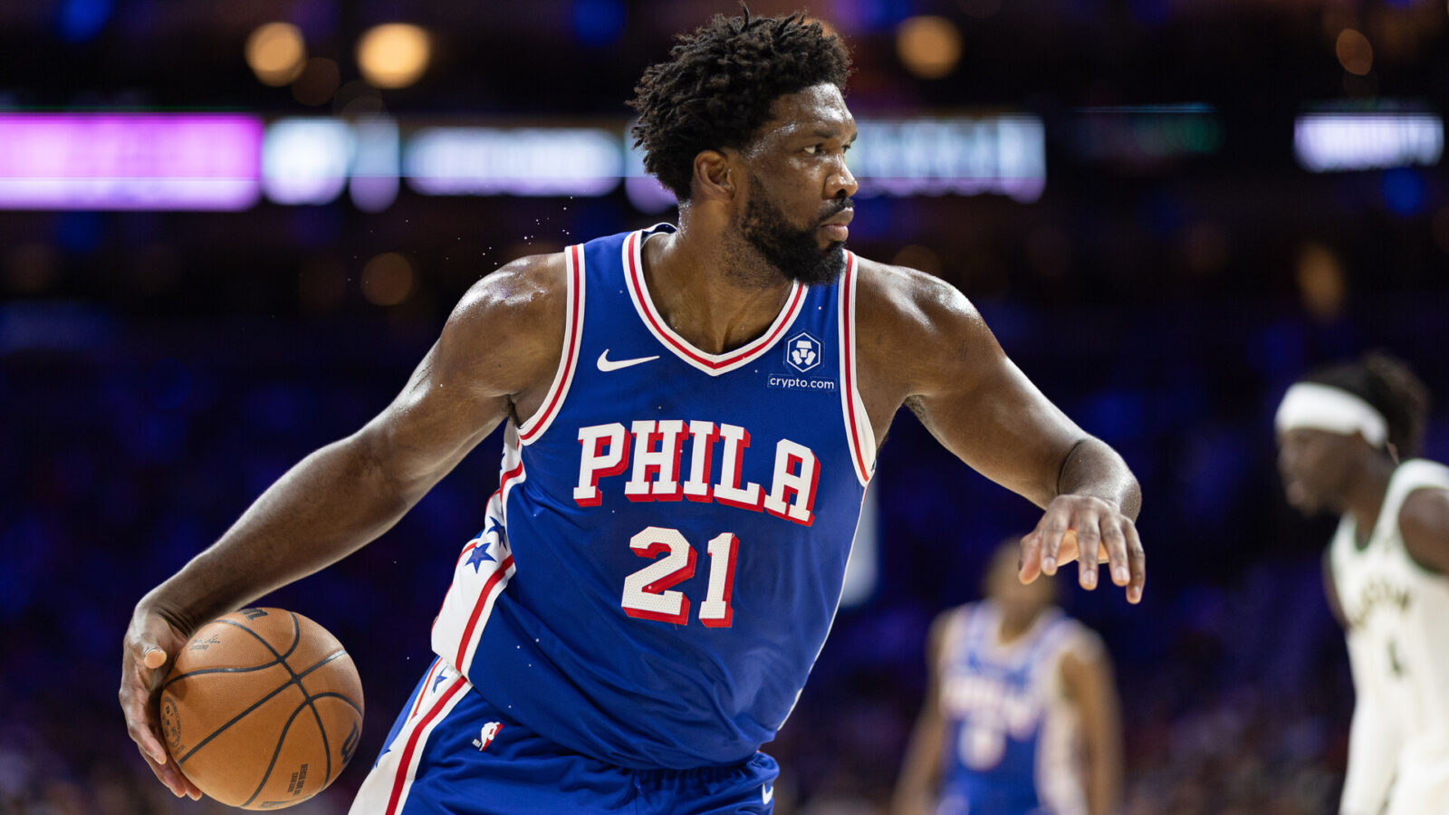 Nov 15, 2023; Philadelphia, Pennsylvania, USA; Philadelphia 76ers center Joel Embiid (21) controls the ball against the Boston Celtics during the third quarter at Wells Fargo Center.